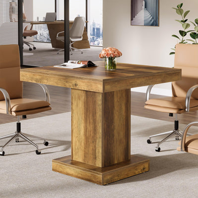 Tribesigns Square Conference Table for 4, 31.5-Inch Small Meeting Table with Heavy Duty Pedestal Base, Mid Century Modern Seminar Boardroom Table for Office Conference Room (Rustic Brown)