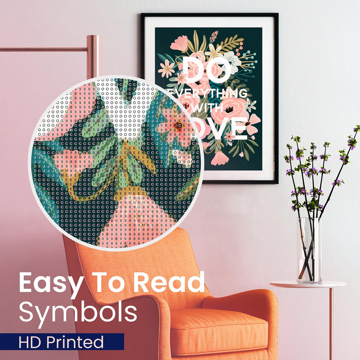 Modern Merch Flowers Diamond Art for Adults Motivational Quote and Sayings 'Do Everything with Love' Inspiring 5D Diamond Painting for Adults, Floral Wall Decor DIY Cross Stitch Round Drill 12x16 Modern Merch