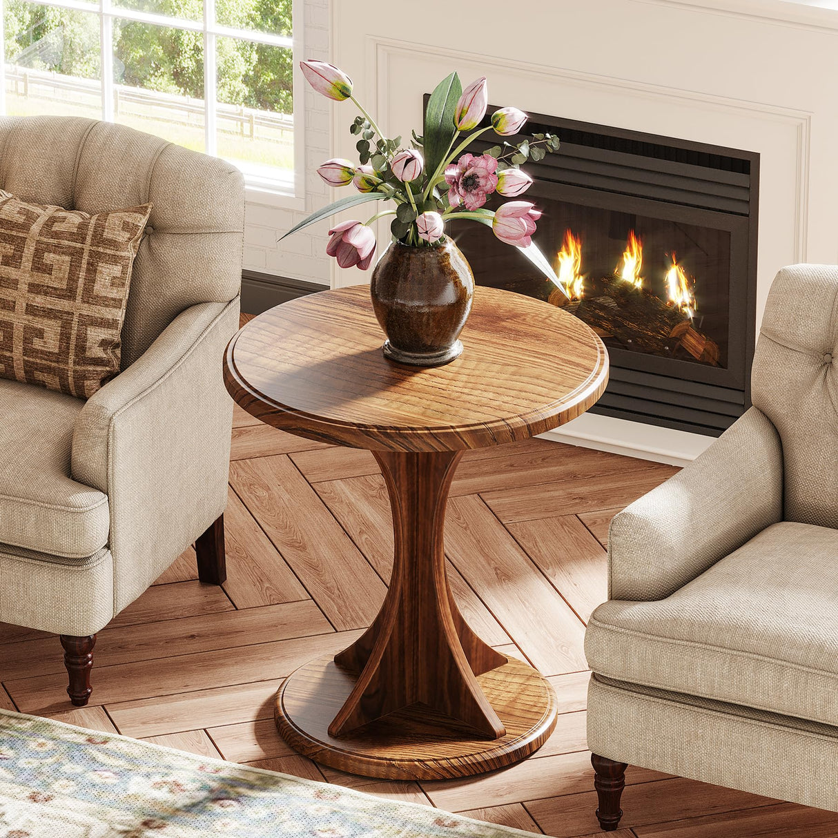 Tribesigns Round End Side Table: Wood Small Sofa Chair Side Table for Living Room, Mid-Century Bedside Nightstand for Bedroom, Accent Table, Easy Assembly, Vintage Brown Tribesigns