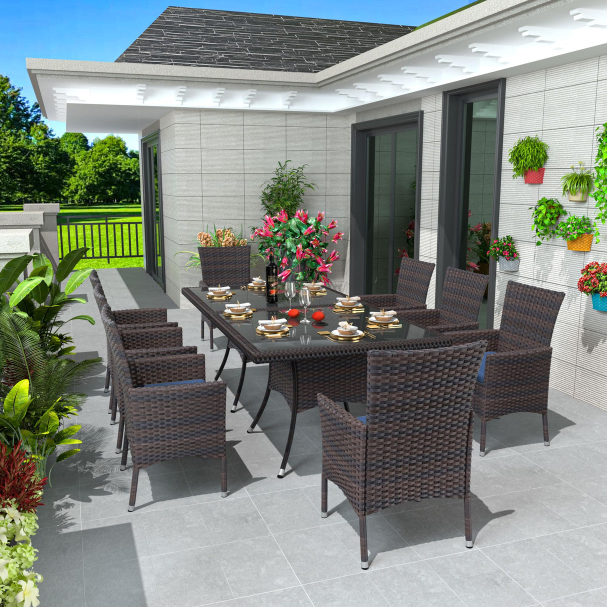 Trumbeak 10 Piece Outdoor Dining Set,Rattan Patio Conversation Set of 8 Chairs,Patio Dining Table and Chairs w/Cushions,Square Glass Tabletop,Umbrella Cutout for Patio,NavyBlue Trumbeak