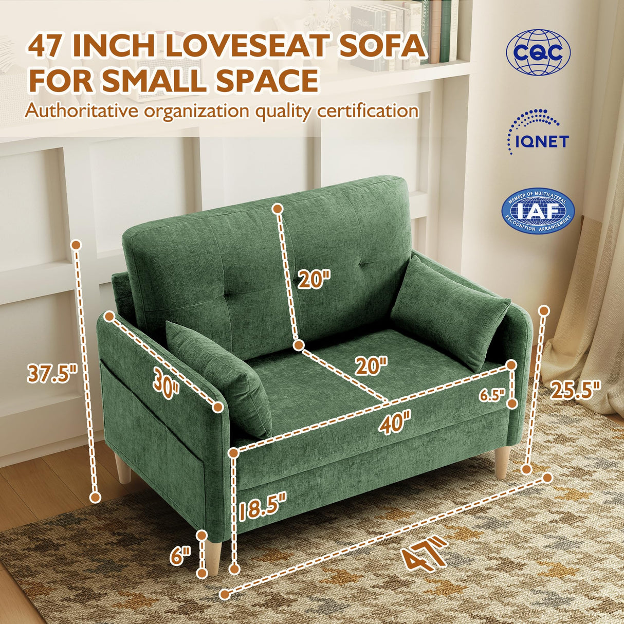 Urhanherry 47" Small Sofa Couch for Bedroom, Soft Chenille loveseat Mini Couch with Throw Pillow and Removable Cushion Cover for Small Spaces, Living Room, Apartment, Dorm, Office(Green) Urhanherry