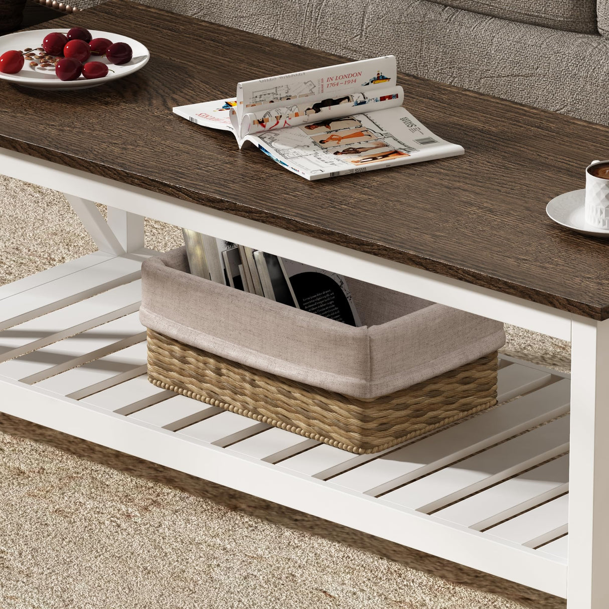 ChooChoo Farmhouse Coffee Table, Rustic Vintage Living Room Table with Shelf, 47 White ChooChoo