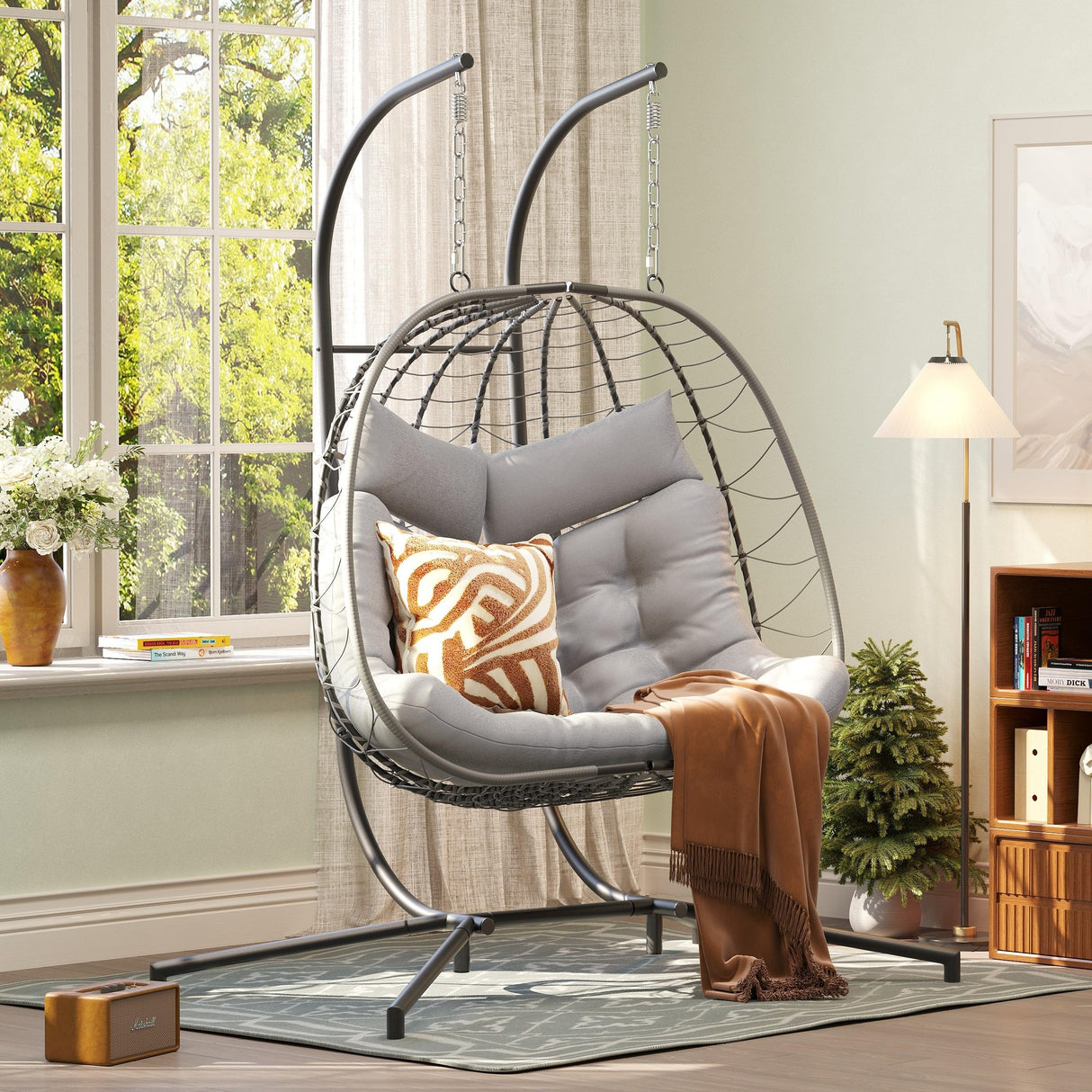 Patiorama 2 Person Double Egg Swing Chair with Stand Indoor Outdoor, Patio Wicker Rattan Hanging Egg Chair w/Cushion, Pillow, Foldable Hammock Chair 550lbs for Bedroom, Balcony, Garden (Light Grey) Patiorama