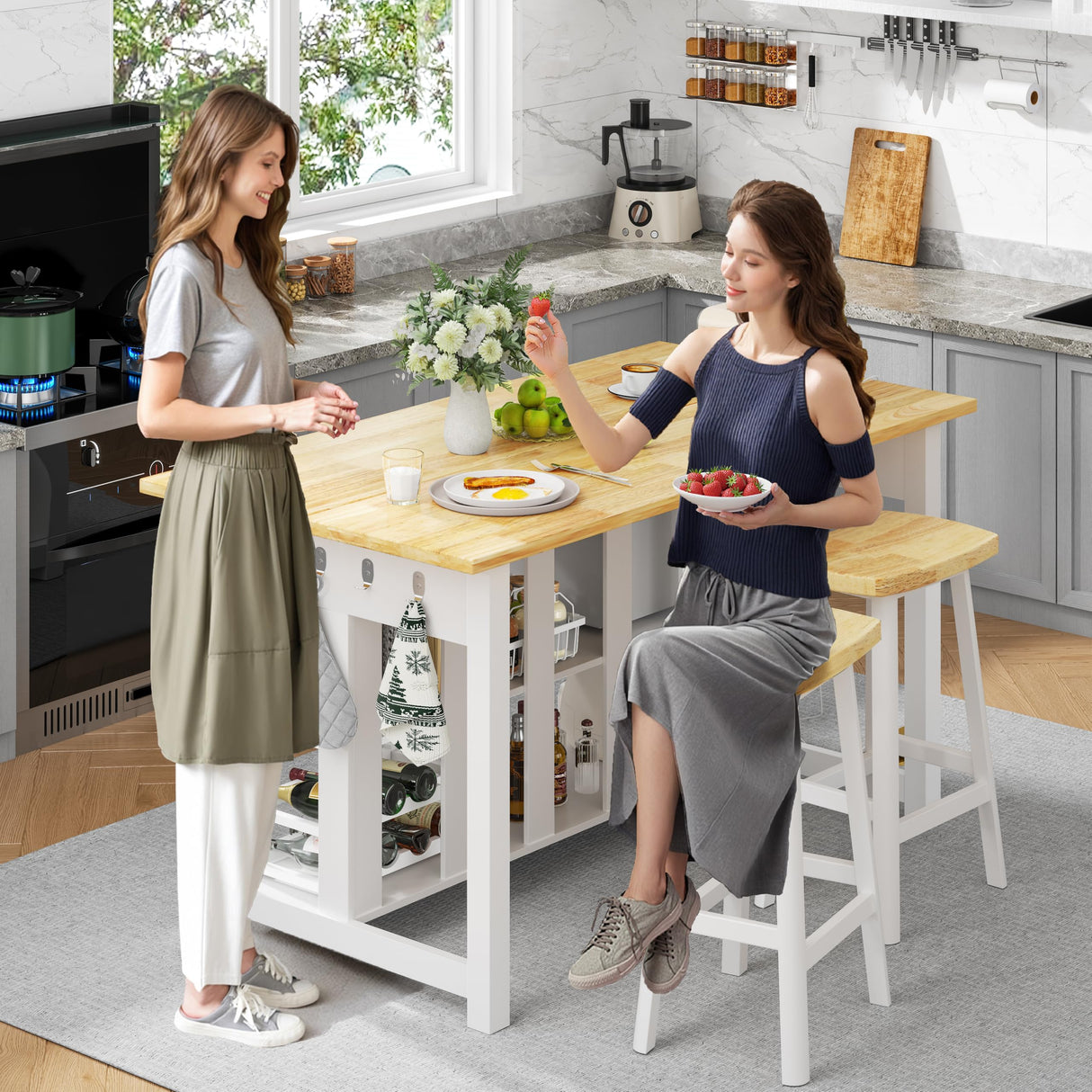 47.3" Solid Rubberwood Kitchen Island with Power Outlets - Extra Large Work Surface, 2 Drawers & Open Shelves Storage Cabinet for Kitchen Dining Room, Farmhouse Style (White) DynJest