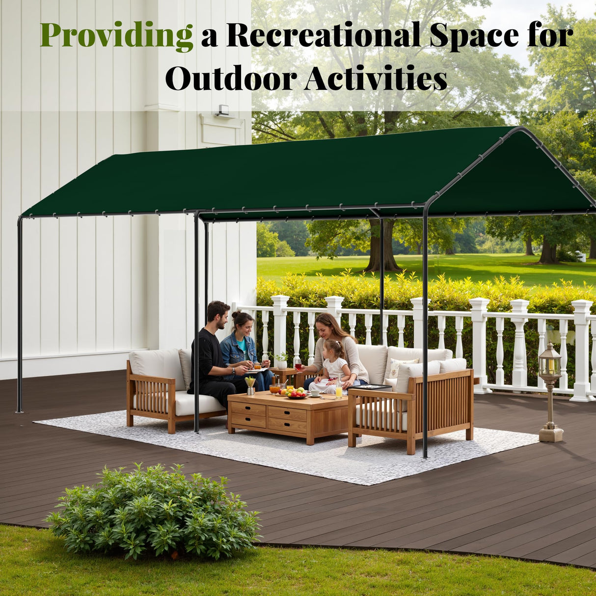 Carport, 10‘ x 20’ Heavy Duty Portable Garage All-Season Car Canopy w/Removable Sidewall & Doors, Carport Canopy Party Tent w/Water-Resistant Tarp for Backyard (Green, 10' x 20' /no Side) Phonjoroo