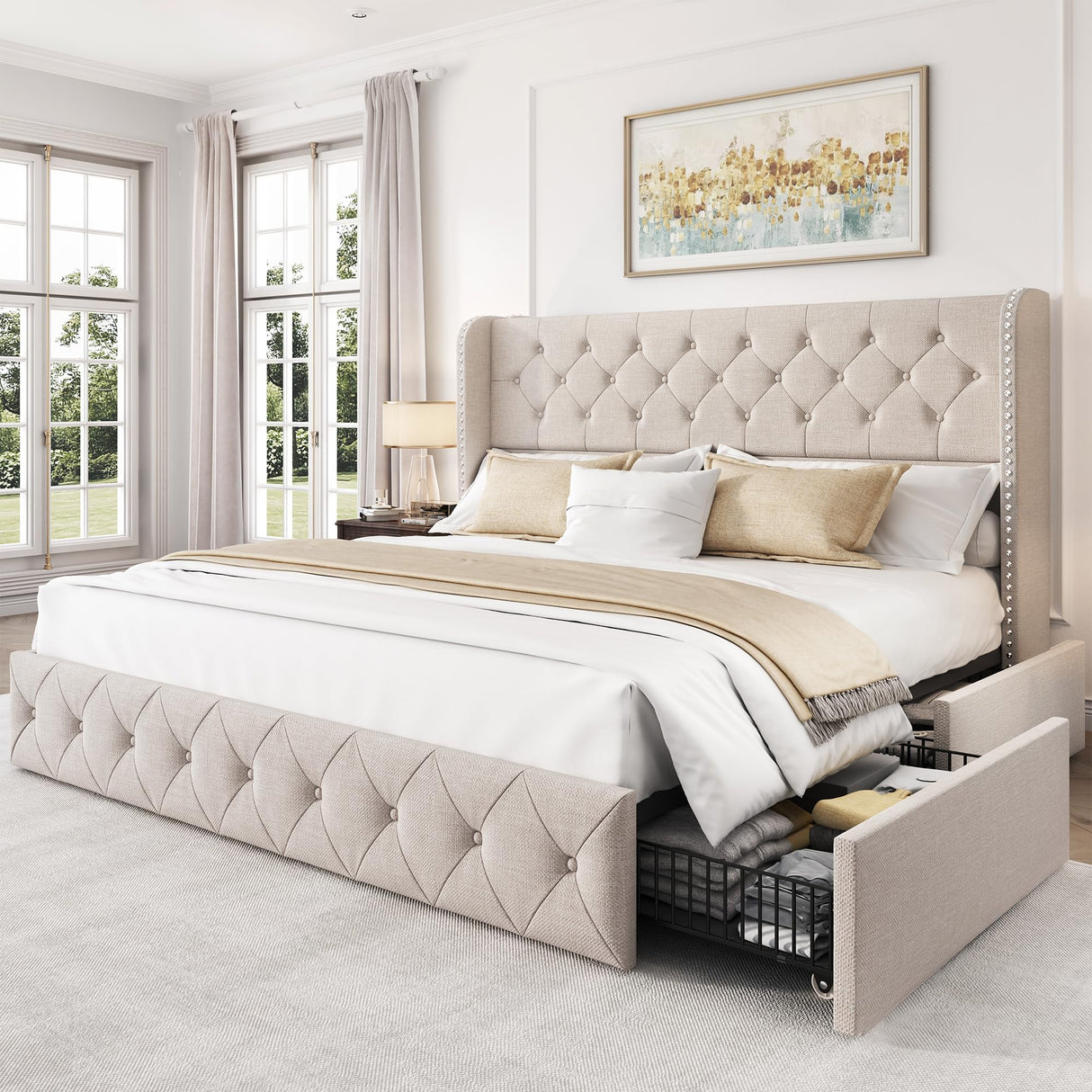 LARMACE King Size Bed Frame with 4 Storage Drawers and Tufted Headboard Linen Upholstered Platform Bed Frame Wingback Beds with Wooden Slats Support, Easy Assembly, Beige LARMACE