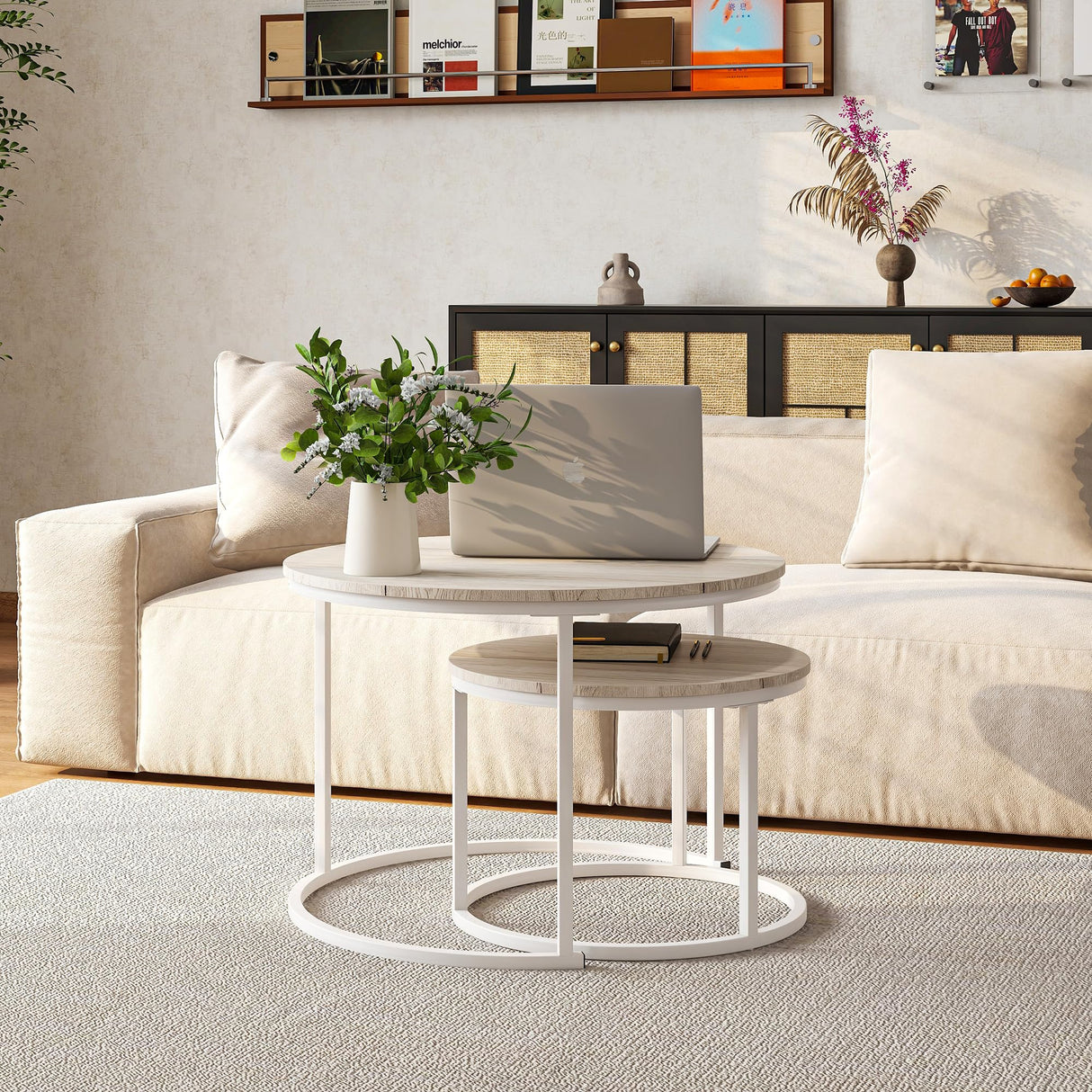 HOJINLINERO Round Coffee Table Set of 2 End Tables for Living Room,Modern White Coffee Table Nesting Tables,Living Room Tables Wood Furniture Metal Frame,Sturdy Stacking Side Tables,Easy Assembly,Oak HOJINLINERO