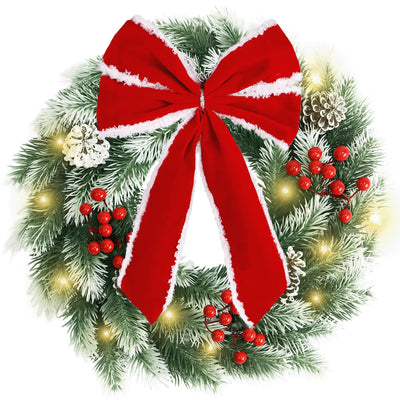 Pinkpum 15" Christmas Wreath for Front Door Decor Green Winter Wreath with LED String Lights for Home Wall Window Porch Farmhouse Indoor Outdoor Decorations Berries Pine Cones Pine Needles Bow 1 Pack