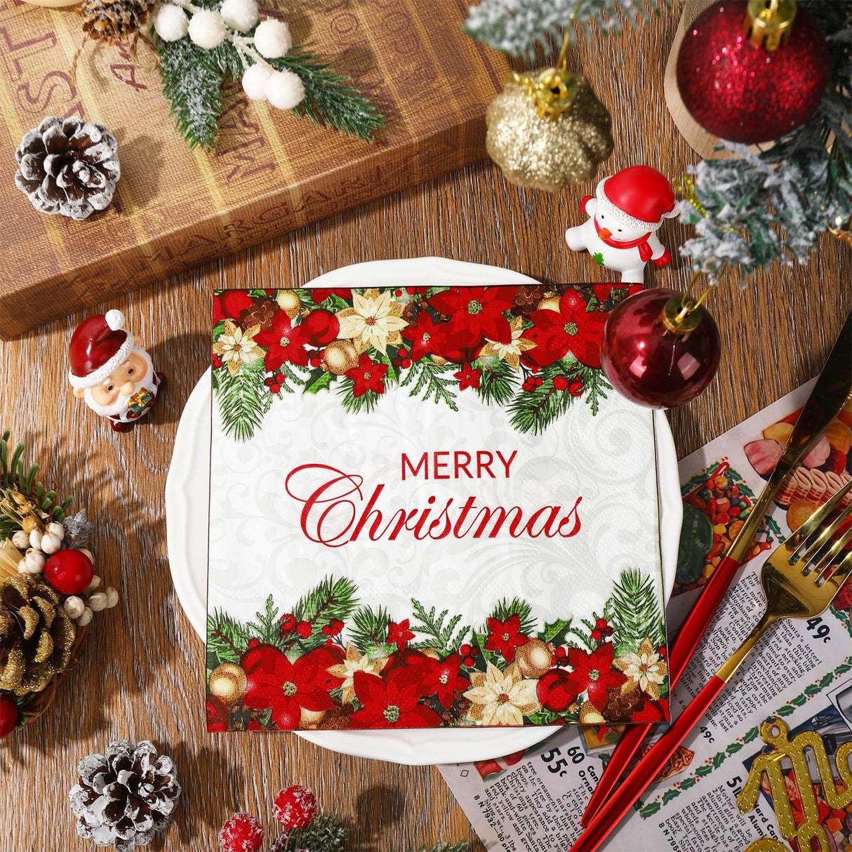 JarThenaAMCS 50Pcs Merry Christmas Paper Napkin Poinsettia Floral Xmas Ball Disposable Dinner Napkin Luncheon Napkin for Winter Party Supplies JarThenaAMCS