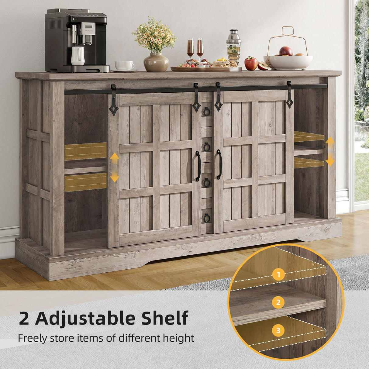 DWVO Farmhouse Sideboard Buffet Cabinet with Storage, Large Kitchen Cabinet w/Sliding Barn Doors and 4 Drawers, for Dining Room, Wash Grey DWVO