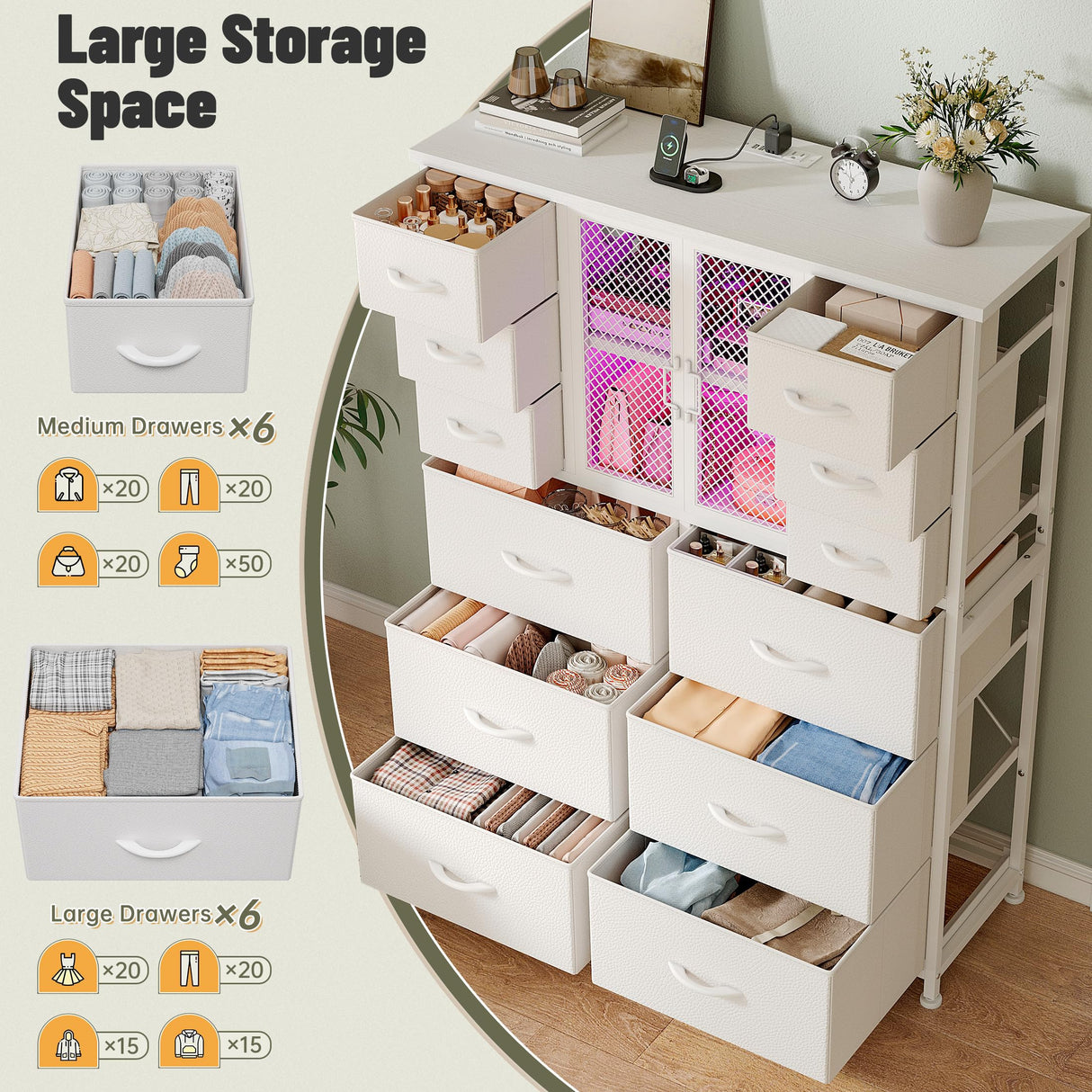 EnHomee Tall Dresser for Bedroom with 12 Drawer Dressers & Chests of Drawers for Closet with Power Outlets & LED Lights Sturdy White Dresser with PU Finish Wooden Top and Metal Frame Mesh Door EnHomee