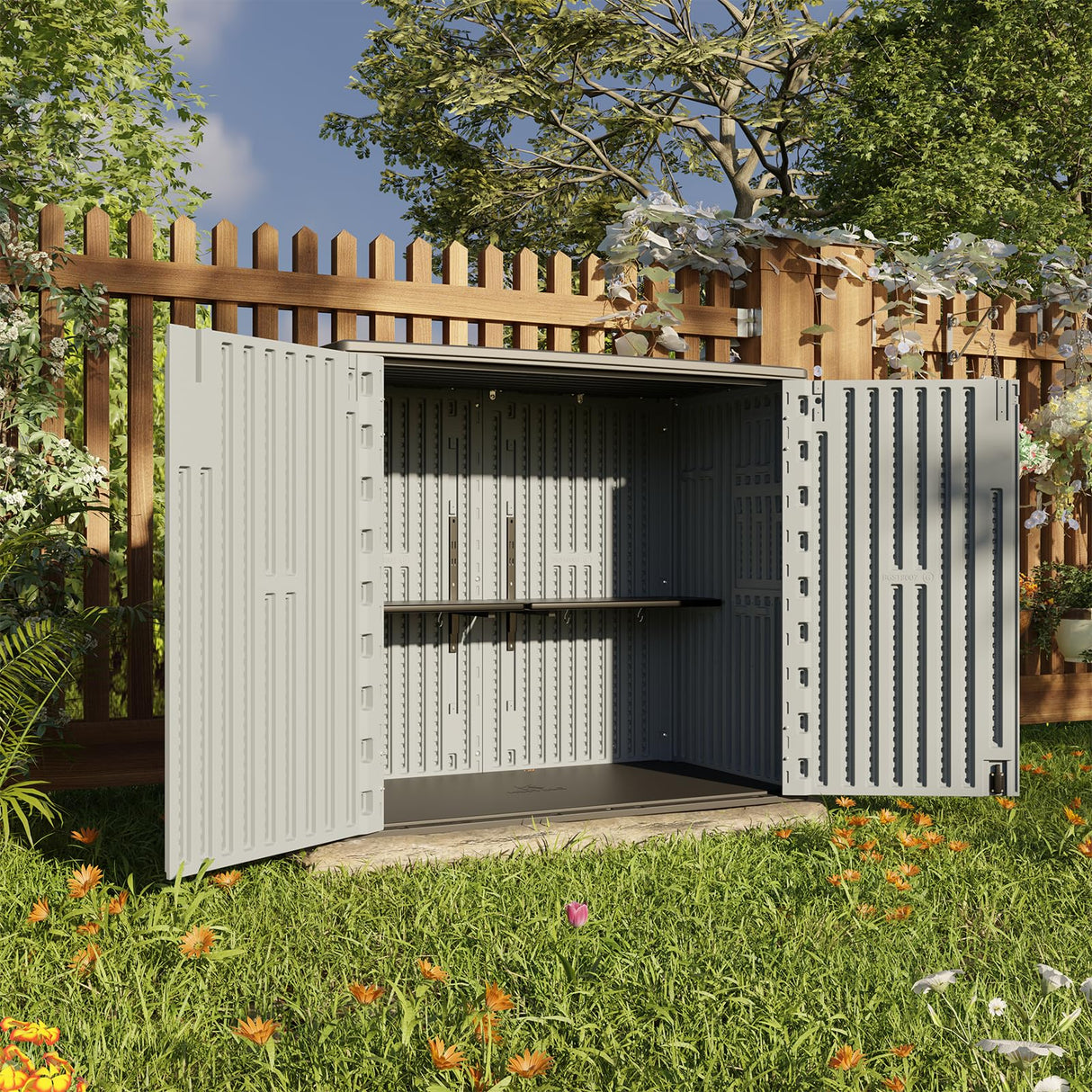 HOMSPARK 37 Cu.Ft Outdoor Storage Shed Weather Resistant, Resin Storage Sheds & Outdoor Storage Box for Backyard Garden Patio Lawn, Multi functional | Double-wall Shed with Lockable Doors,(Light Gray) HOMSPARK