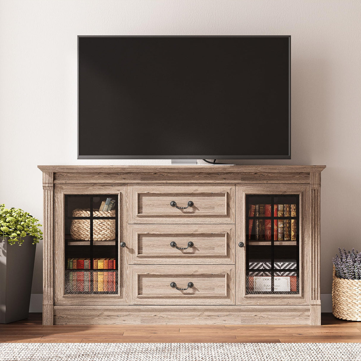 IRONCK Farmhouse TV Stand for 65 Inch TV with Outlets, 59" Entertainment Center with 3 Drawers and 2 Storage Cabinet, Glass Doors and Adjustable Shelf, Console Tables for Living Room, Light Rustic Oak IRONCK