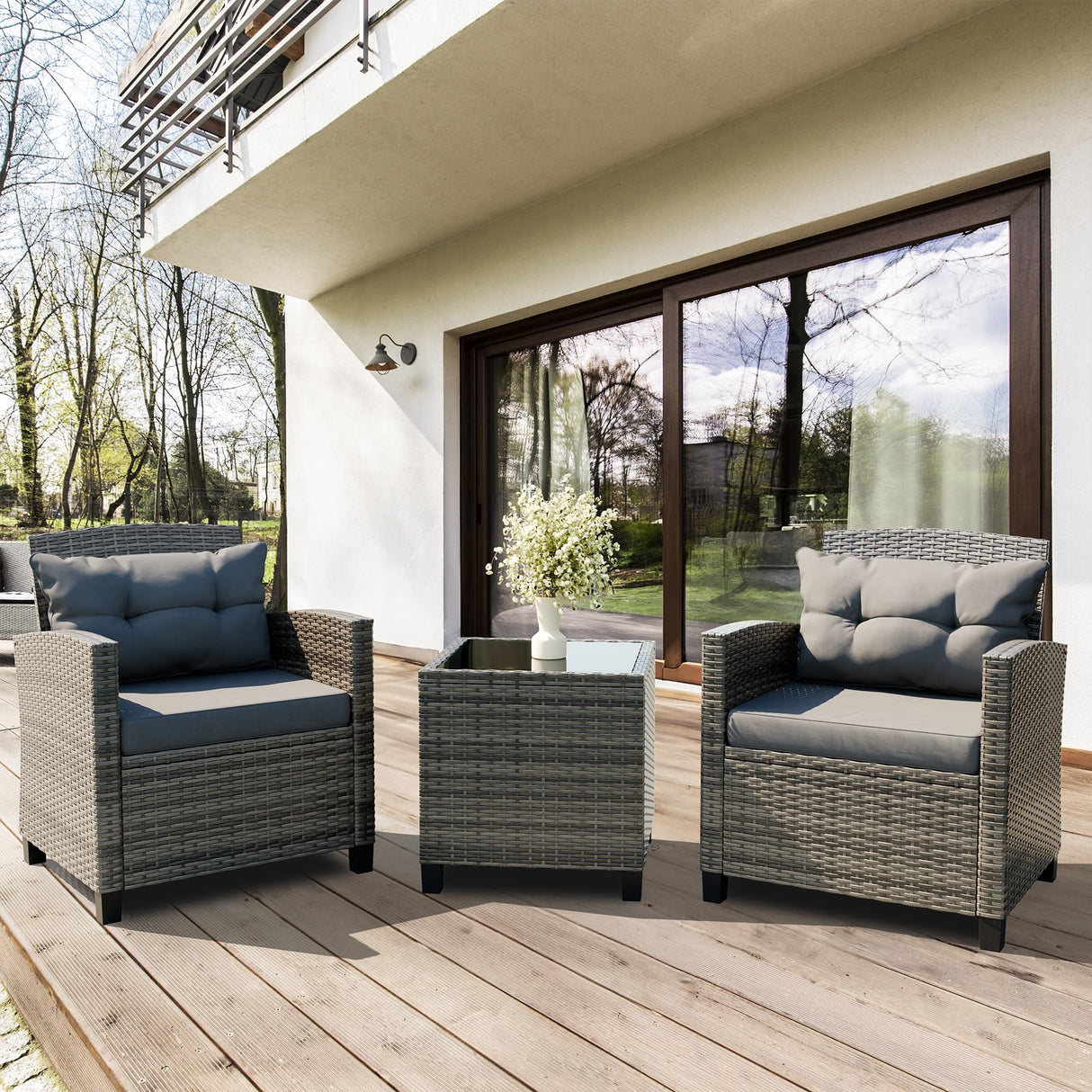 Vongrasig 3 Piece Patio Furniture Set Small Outdoor Wicker Rattan Front Porch Bistro Set Cushioned Patio Chairs Conversation Set with Glass Table for Lawn, Garden, Backyard, Balcony, Poolside (Grey) Vongrasig
