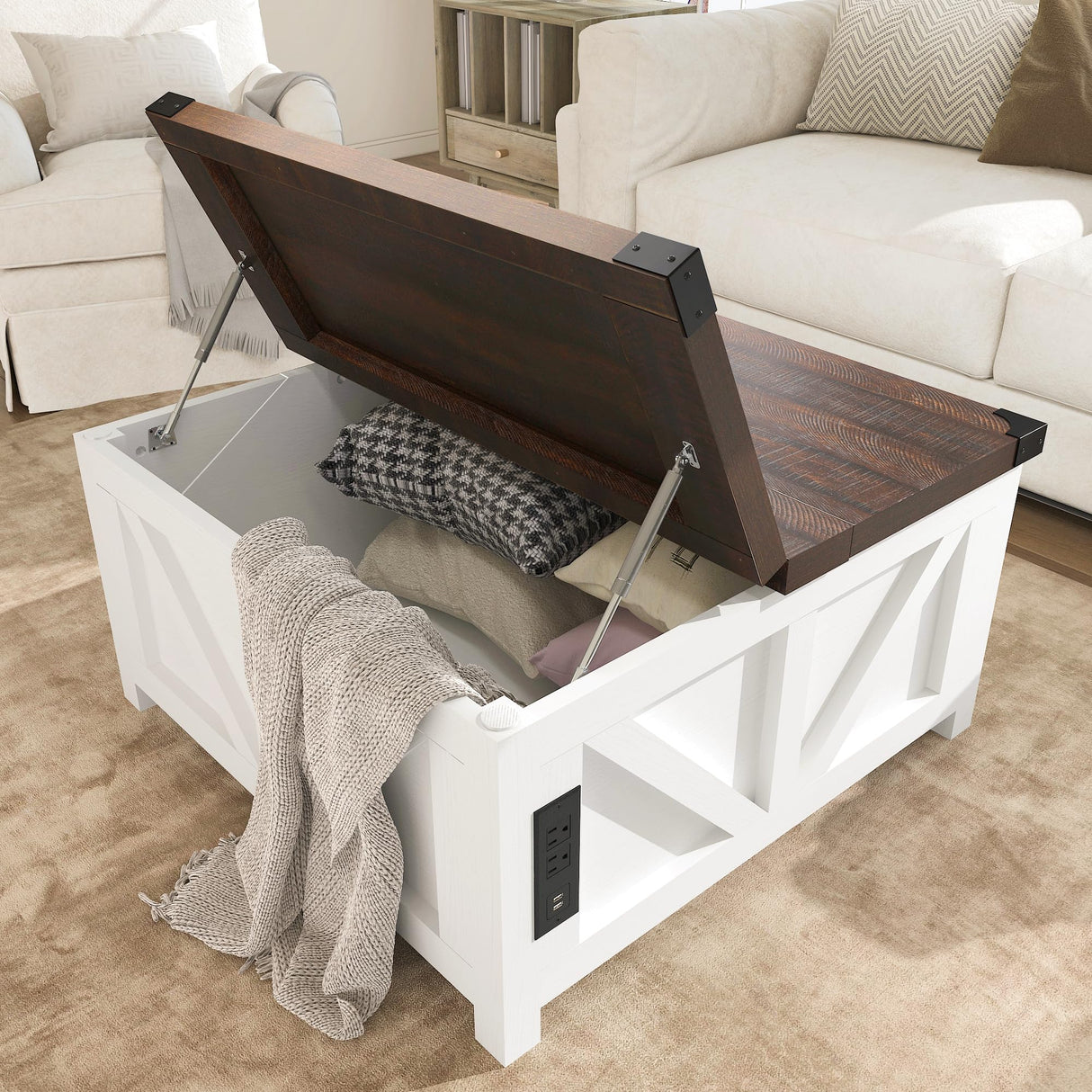 jimeimen Farmhouse Lift Top Coffee Table with Storage, Wood Square Center Table with Charging Station&USB Ports, Living Room Central Table w/Large Hidden Space, for Living Room, Bedroom, Home Office jimeimen