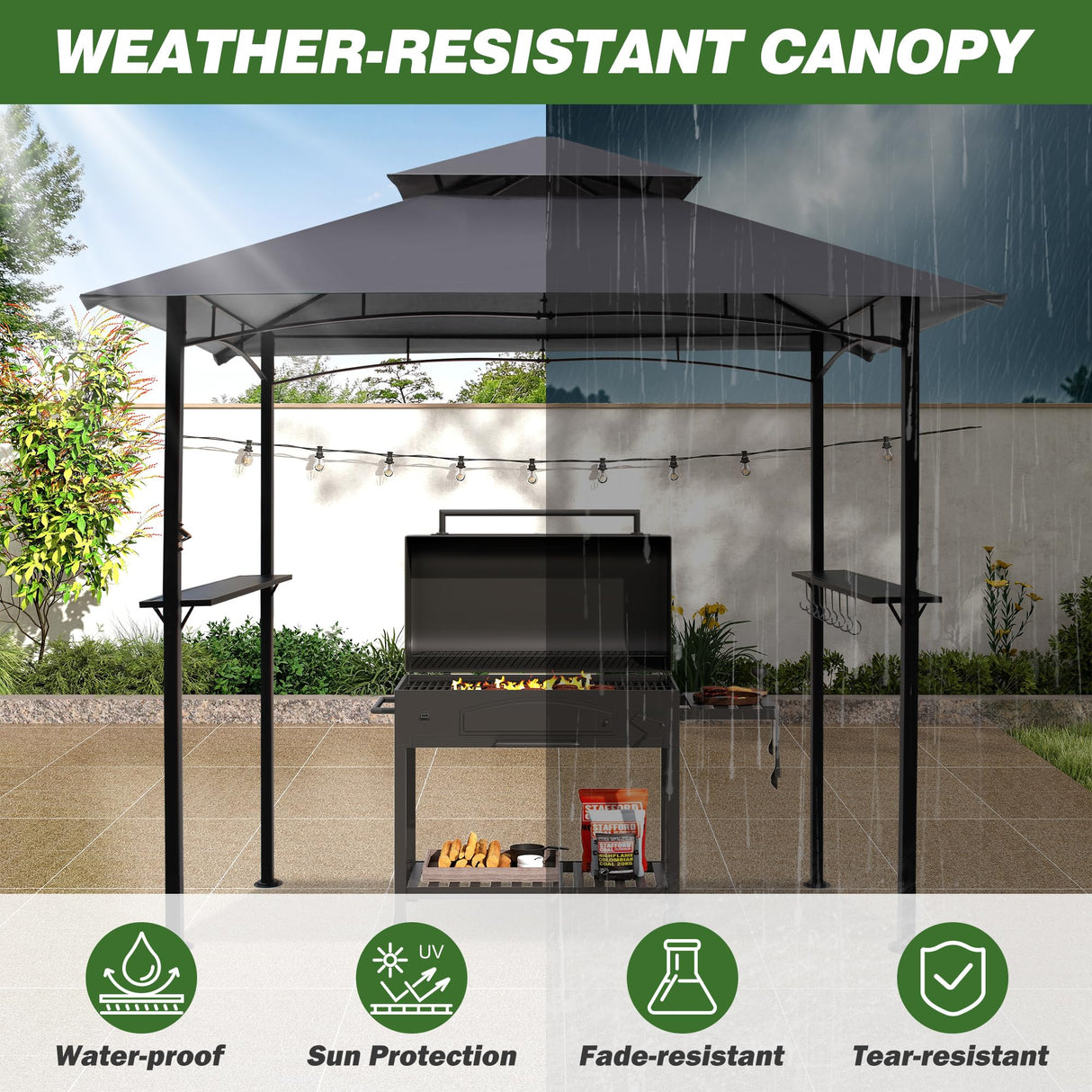 GARTOO 8'x5' Outdoor Grill Gazebo - Double Roof BBQ Gazebo Canopy with 2 Side Shelves and LED Lights, Patio BBQ Pergola Shelter for Garden, Porch and Backyard (Grey) GARTOO
