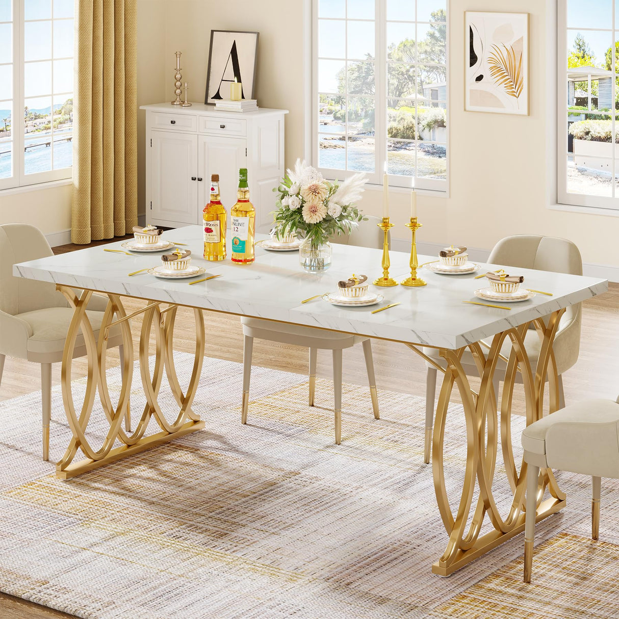 Tribesigns Modern Dining Table, 63" Large Kitchen Table for 4-6 People, Unique Rectangular Dinner Table Kitchen & Dining Room Furniture with Faux Marble Tabletop and Geometric Legs Tribesigns