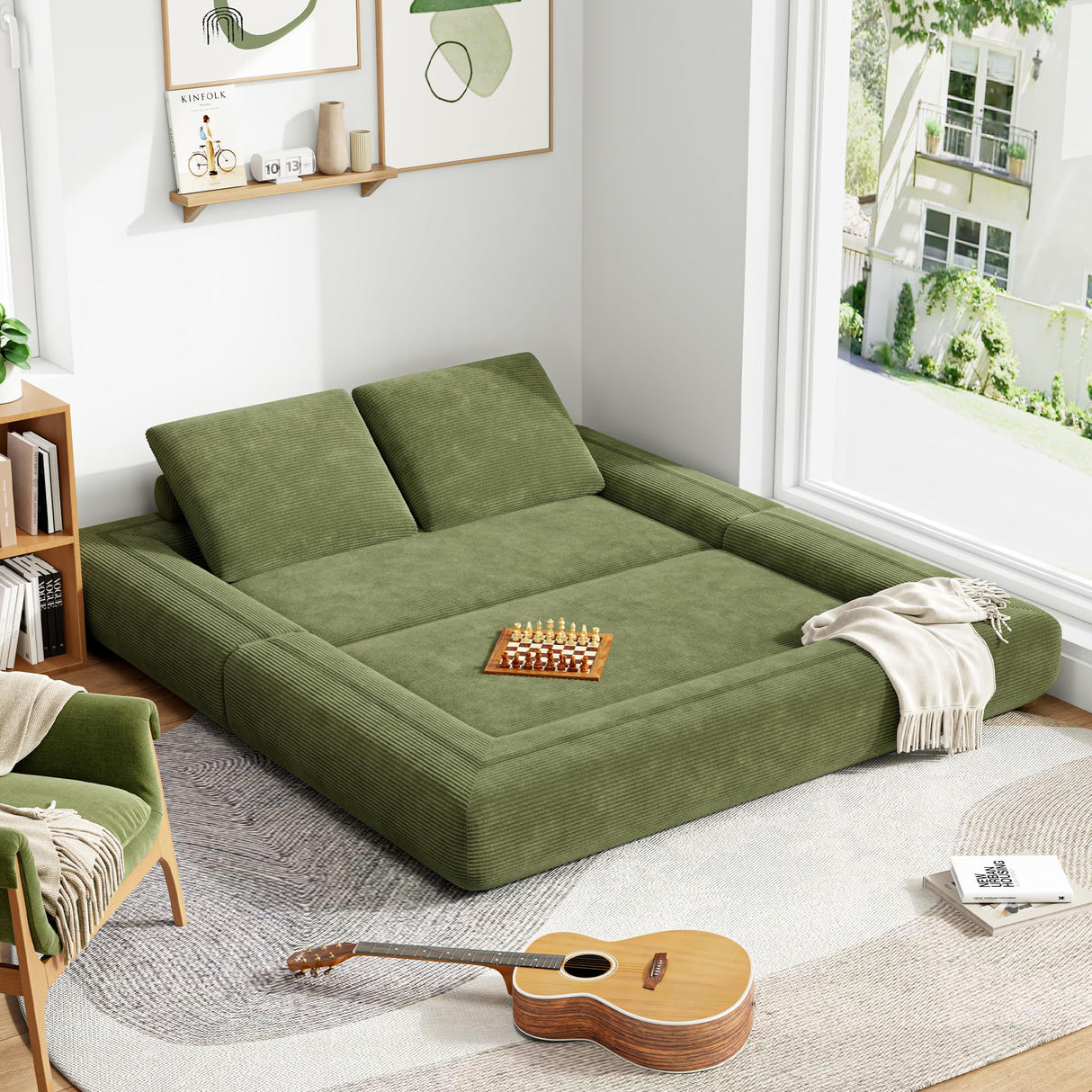 LIKIMIO Convertible Sleeper Sofa Bed Floor Sofa 3-in-1 No Assembly, Foldable Mattress with Corduroy Upholstery Green, Lounge Loveseat Couch for Living Room Studio Guest Room LIKIMIO