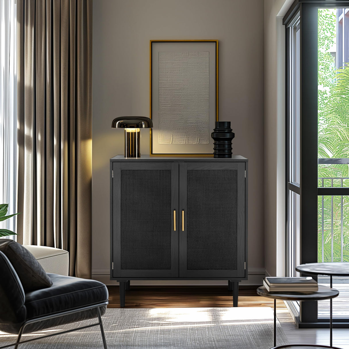 Finnhomy Sideboard Buffet Kitchen Storage Cabinet with Black Painted Rattan Decorated Doors, Dining Room, Hallway, Cupboard Console Table, Liquor/Accent Cabinet, 31.5X 15.8X 34.6 Inches, Black Finnhomy