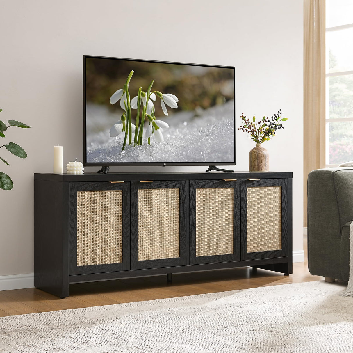 SICOTAS TV Stand for Living Room Boho Entertainment Center for Bedroom with 4 Rattan Cabinets Farmhouse Television Stands with Storage Large Media Console Table for TVs up to 45 50 55 60 65 Inch SICOTAS