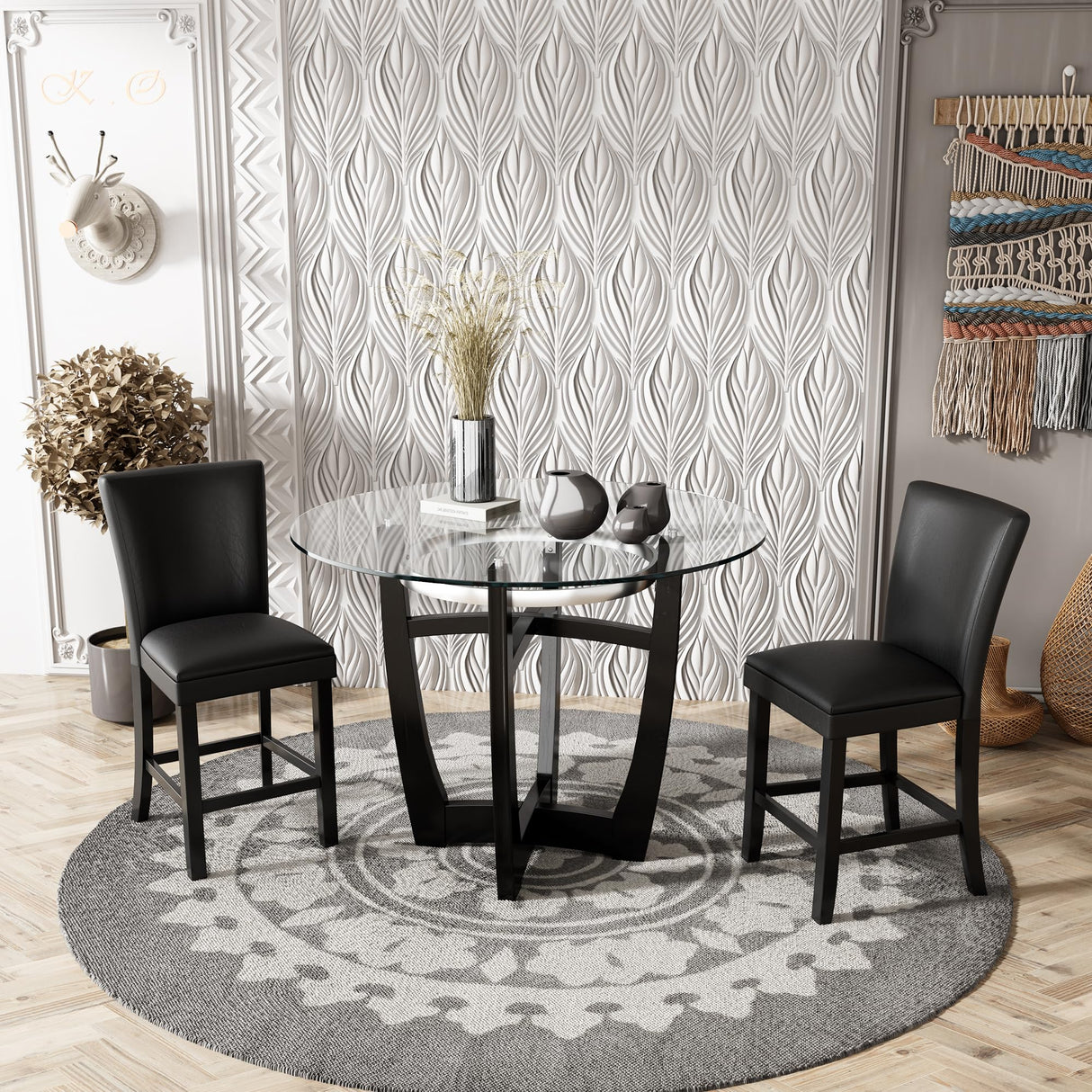 PADMA HOUSE Round Glass Pub Dining Set for 4, 45in Round Wood Modern Glass Counter Height Bar Table with 4 PU Leather Pub Stools 5 Piece Bistro Dining Table Chairs Set, Clear&Black PADMA HOUSE