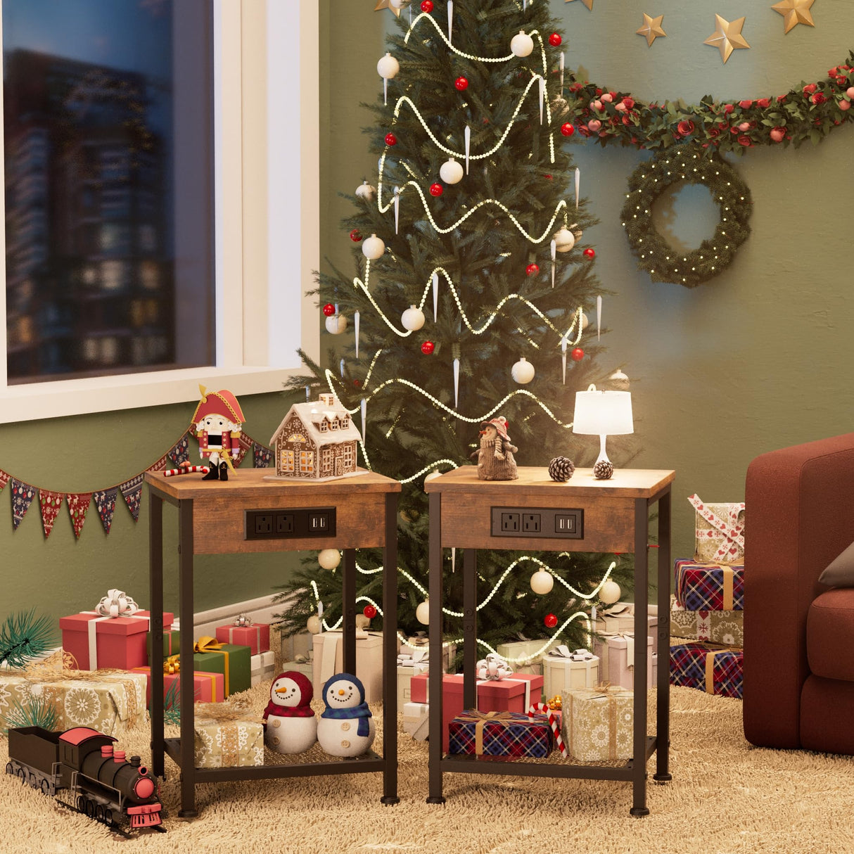 Fixwal Nightstands Set of 2 with Charging Station, End Tables with U-S-B Ports and Power Outlets, Narrow Bedside Table Set of 2 for Living Room, Farmhouse, Sofa Couch (Rustic Brown) Fixwal