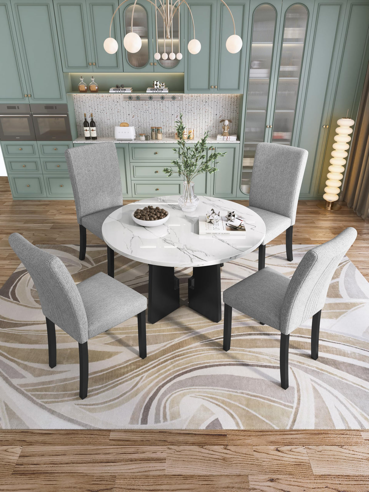 Merax 5-Piece Round Dining Table Set, Modern 4 Upholstered Chairs for Living,Kitchen Room, 43 Inch, White+Gray Merax