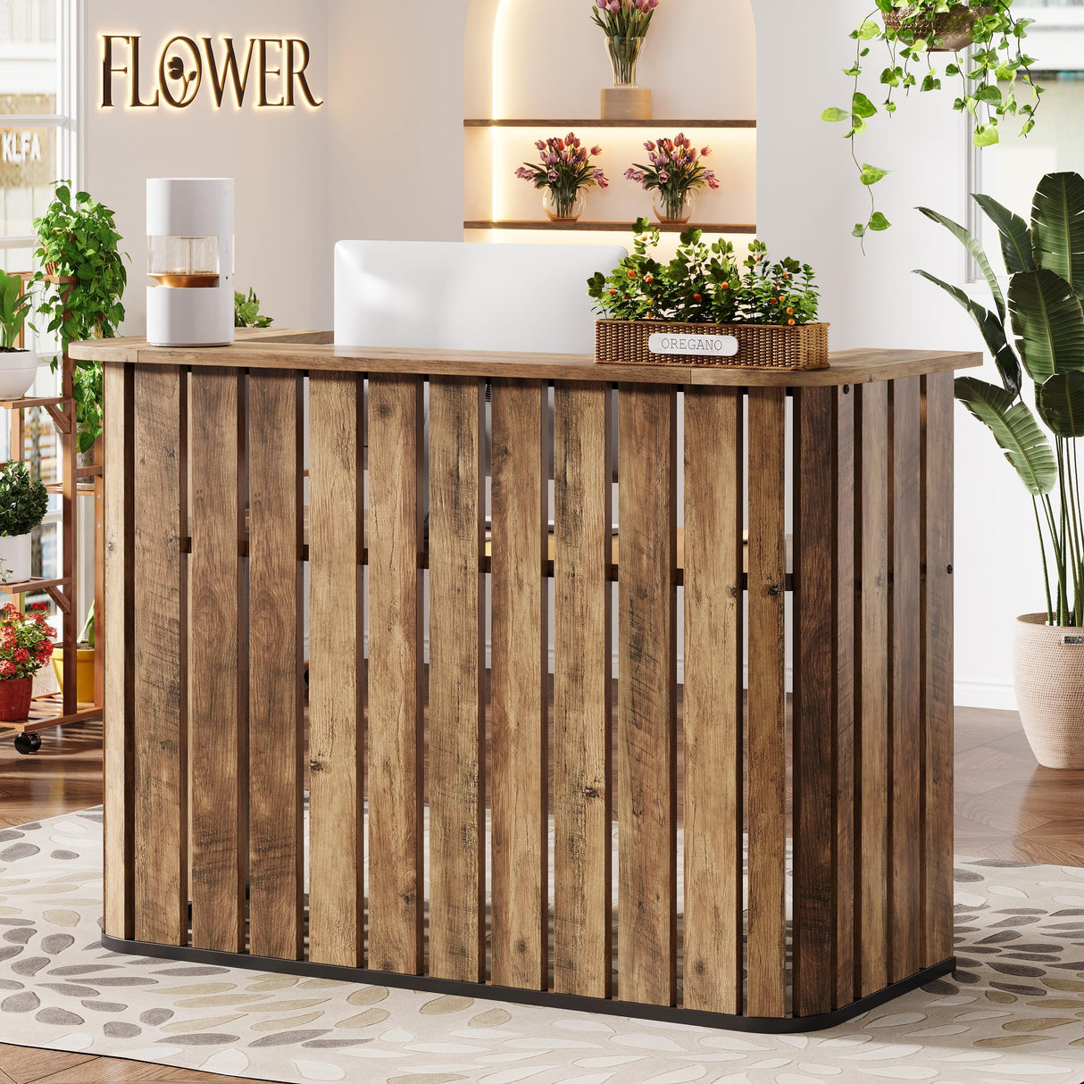 Tribesigns 63-Inch Reception Desk with Counter, Modern U-Shaped Front Desk with Private Panel, Retail Checkout Counter Table for Lobby, Salon, Reception Room, Office, Brown Tribesigns