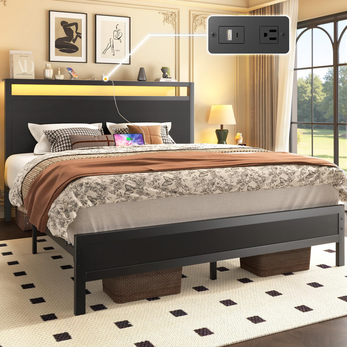Fluest Queen Bed Frame with Headboard & Footboard, Bed Frame with Built-in Charging Station & LED Light, Storage Shelf, Noise-Free, No Box Spring Needed, Easy Assembly, Classic Black Fluest