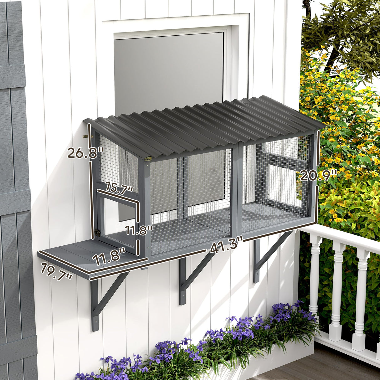 PawHut Cat Catio, Catio Outdoor Cat Enclosure for Multiple Kittens with Wooden Window Box, Jumping Platform for Safely Enjoying Outdoor Sights, Sunbathing, Napping, Playing, Gray PawHut