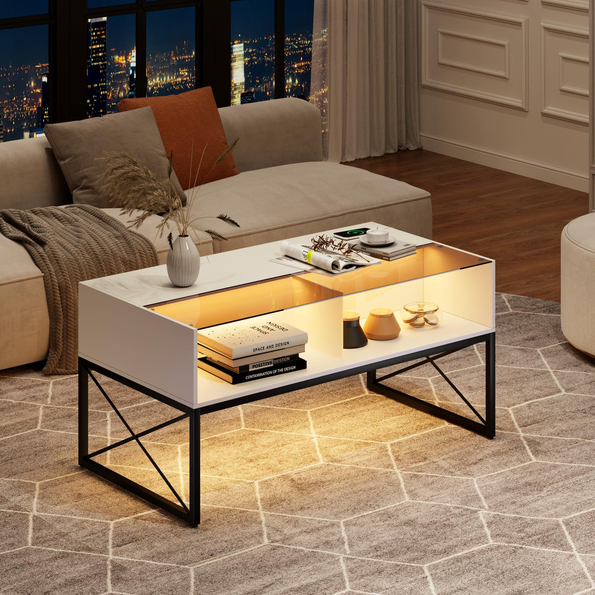 Glass Coffee Tables for Living Room, White Mid Century Modern Coffee Table with Storage, Smart Led Light Wood Coffee Table HWB