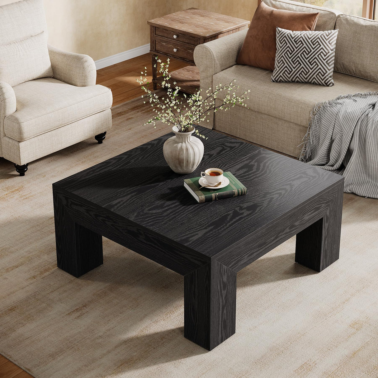 Tribesigns Farmhouse Square Coffee Table for Living Room, 39.37-Inch Low Large Center Tea Accent Table with Sturdy Legs, Easy Assembly (Black) Tribesigns