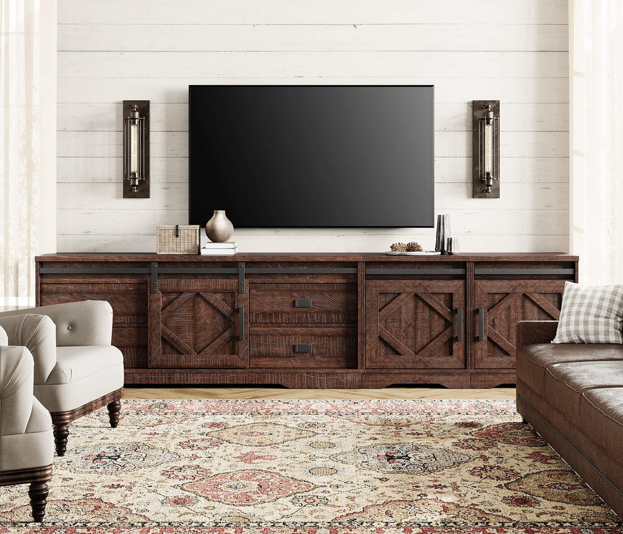 WAMPAT Farmhouse TV Stand for TVs up to 110",Faux Bark Finish Wood 3 in 1 TV Cabinet with Drawers and Adjustable Shelves for Living Room,Rustic Brown WAMPAT