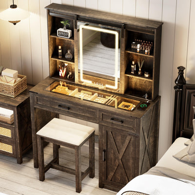 FREDEES Farmhouse Makeup Vanity with Charging Station,Vanity Set with Stool&Sliding Mirror&3Brightness Lights,Large Storage Glass Top Dressing Table with Drawers and Shelves for Women/Girls,Dark Oak