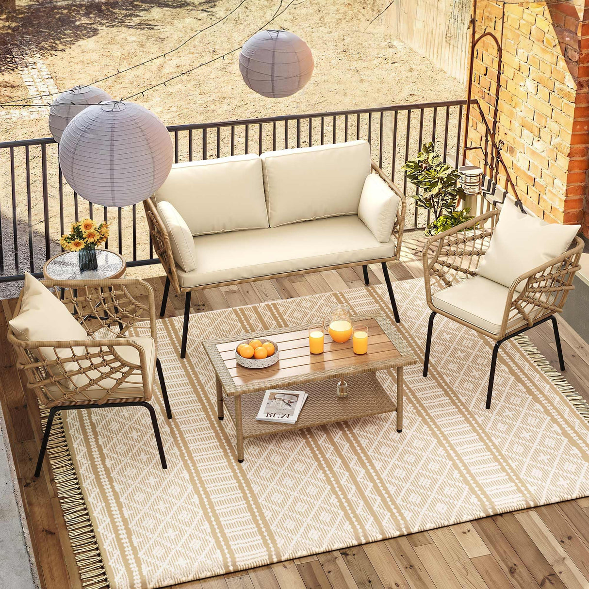 DWVO 2-Piece Patio Set, Wicker Loveseat with Plush Cushions & Rattan Side Table, All-Weather Outdoor Conversation Furniture for Balcony, Deck, Backyard, Poolside DWVO