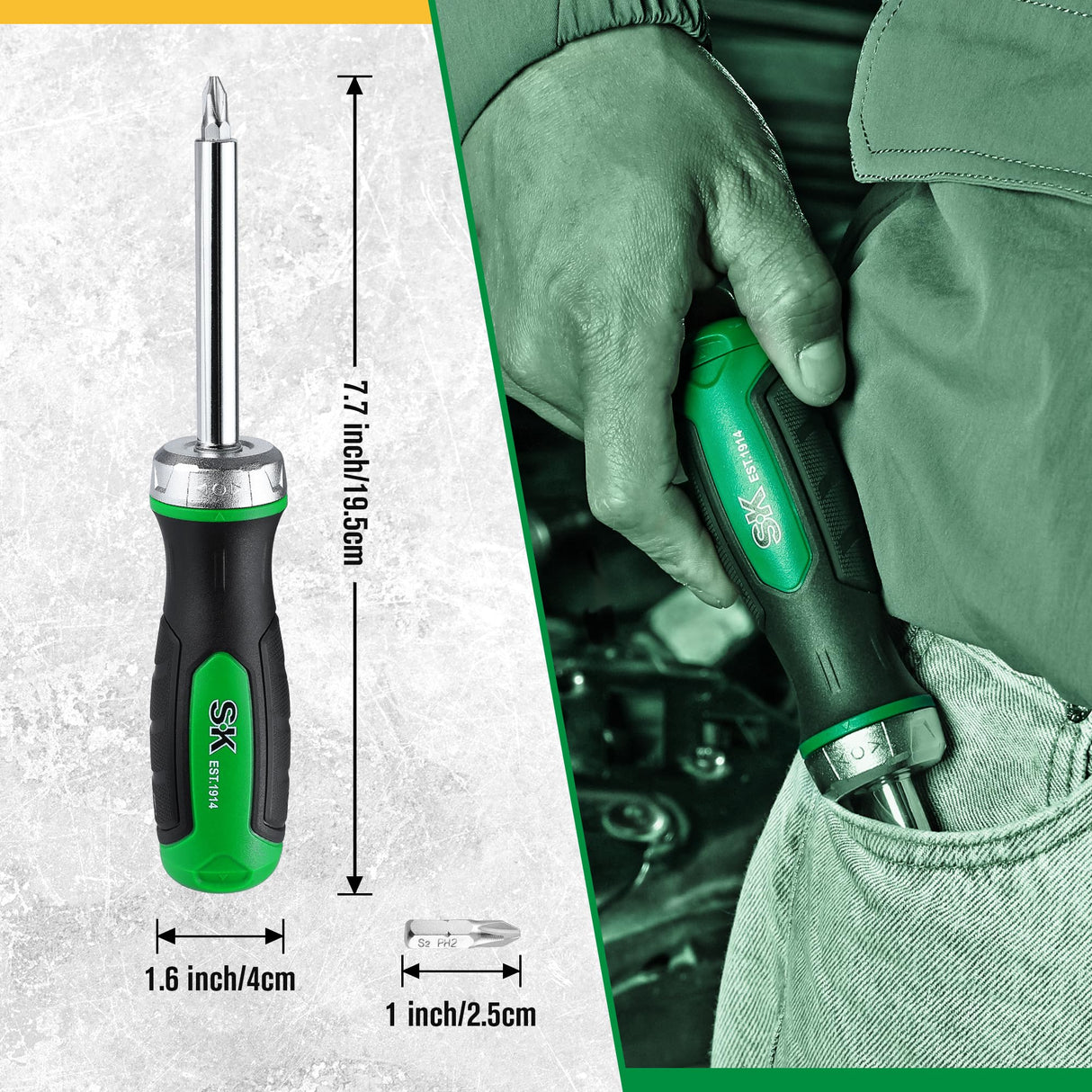 SK 7-in-1 Ratcheting Screwdriver, 216-P, 6 Bits (Phillips, Star, Slotted), 1 Nut Driver Size (1/4 Inch), S2 Steel, SureGrip Handle SK