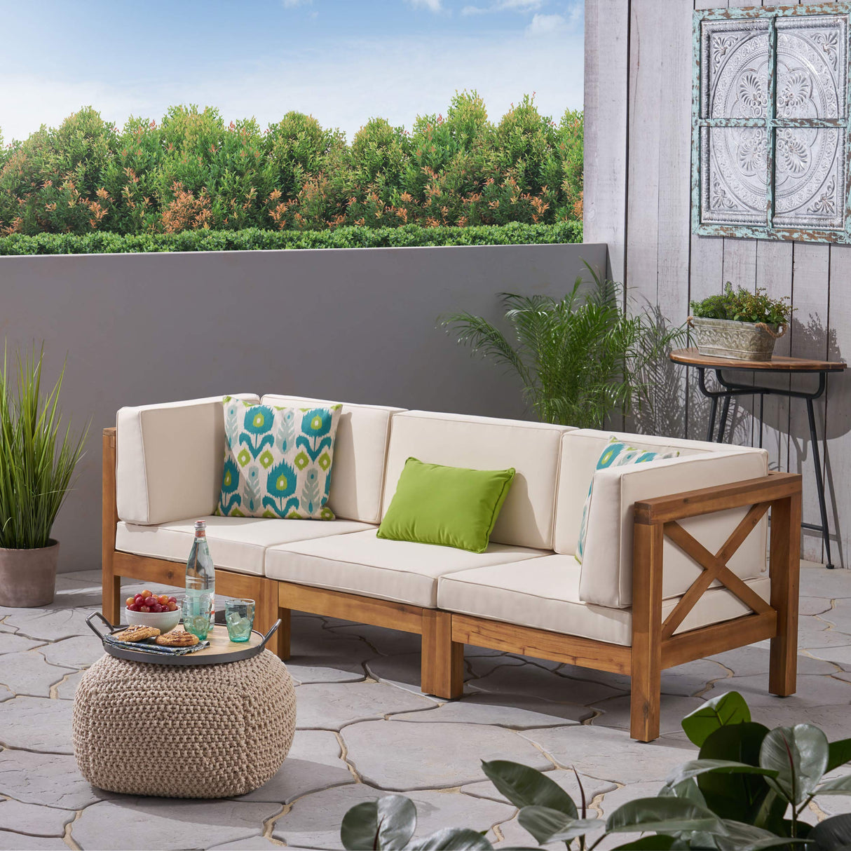 GDFStudio Outdoor Sectional Sofa Set | 3-Seater | Acacia Wood | Water-Resistant Cushions | Teak and Beige GDFStudio