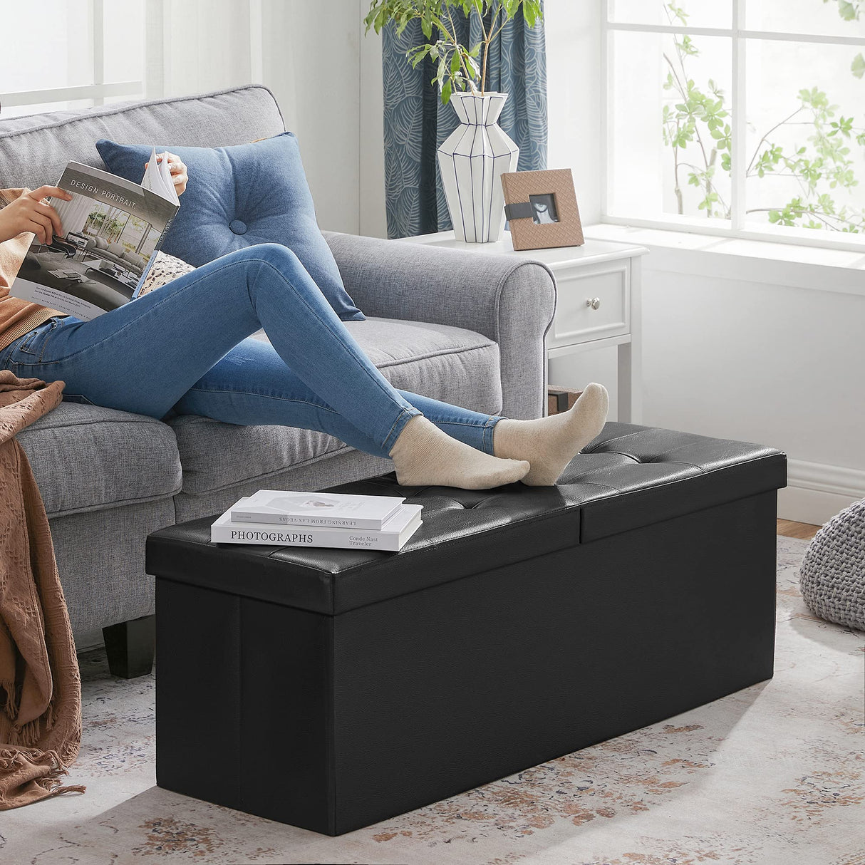 SONGMICS MAZIE Collection - 43 Inches Storage Ottoman Bench with Flipping Lid, Storage Chest with Iron Frame Support, Load 660 lb, for Living Room, Bedroom, Synthetic Leather, Black ULSF75BK SONGMICS