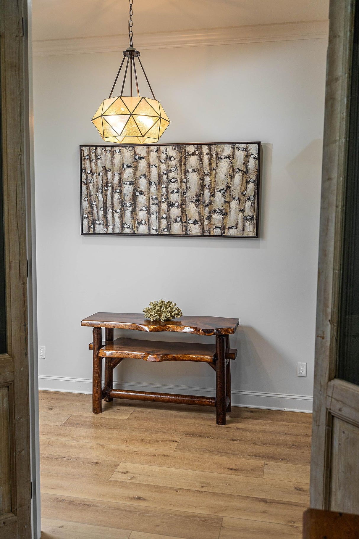 Rustic Log Live Edge Wooden Console Sofa Table for Entryway with Shelf Storage (Honey Pine) Southern Rustic Logwerks