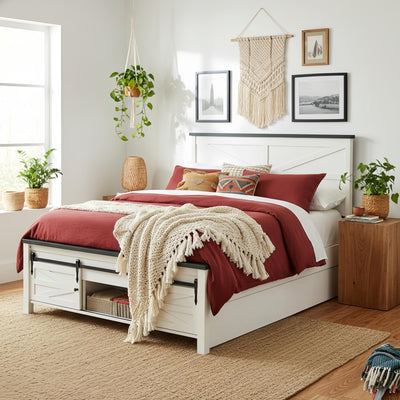 ACCOHOHO Farmhouse Full Size Bed Frame with Barn Door Storage, Platform Bed Frame with Headboard, Rustic Bed, Solid Wood Slats Support/Noiseless/No Box Spring Needed (White)