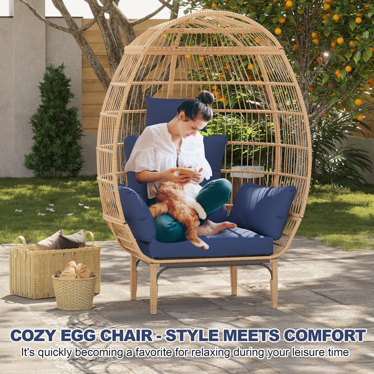 GarveeLife Paito Egg Chair Oversized Lounger, Wicker Egg Rattan Chair Outdoor Indoor, 500 Lbs Egg Shape Balcony Chair for Living Room, Balcony, Backyard GarveeLife