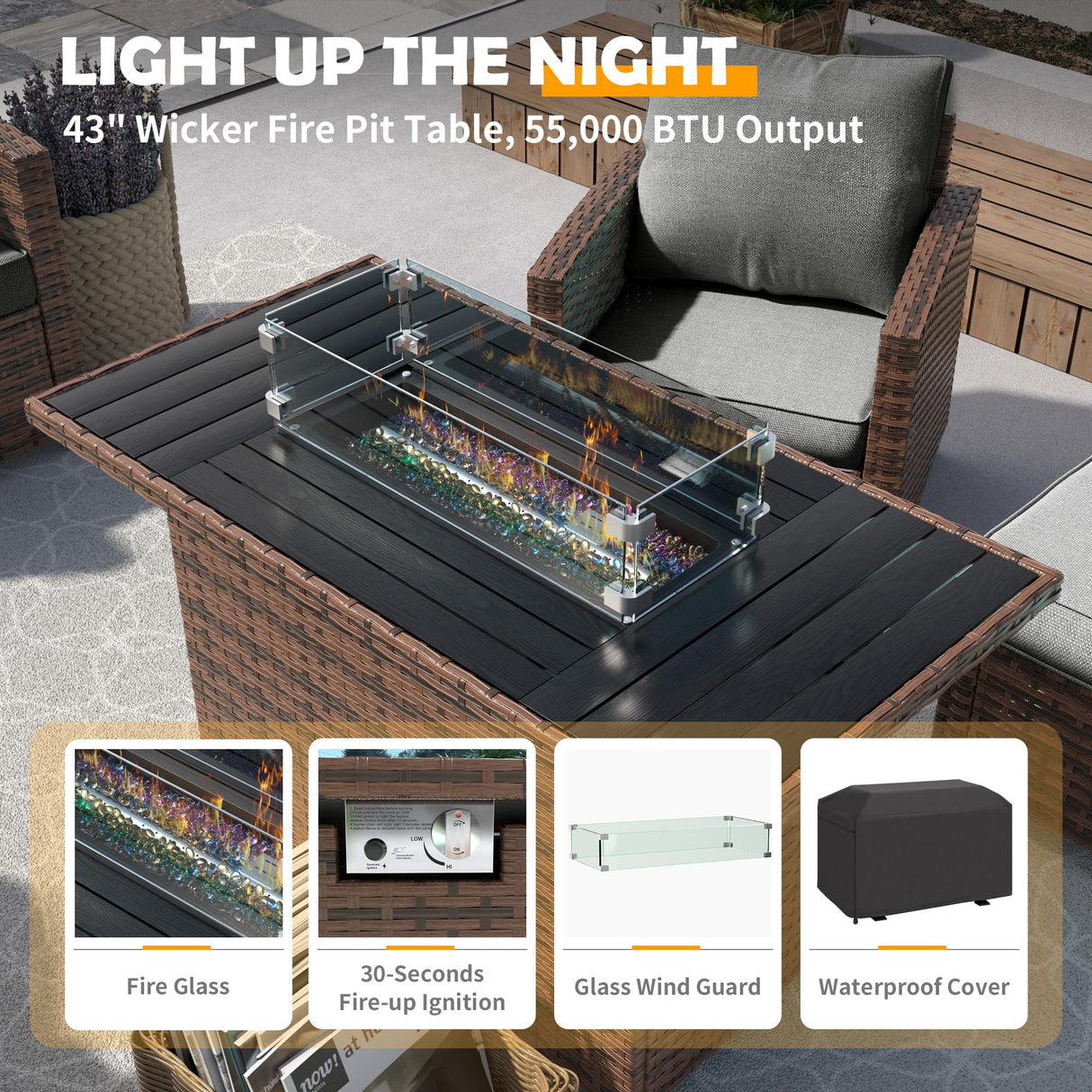 UDPATIO Outdoor Patio Furniture Set with 44" Fire Pit Table, 6 Pieces Sectional Conversation Sets, All-Weather Wicker Rattan Sofa Ottoman with 4" Thick Cushion for Garden Backyard Deck, Dark Grey UDPATIO