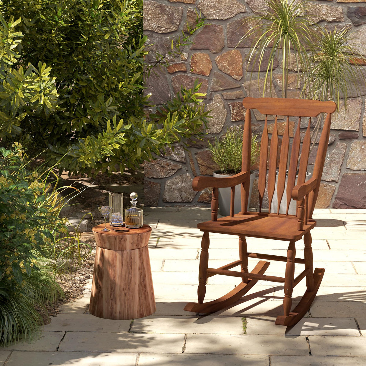 Outsunny Outdoor Wood Rocking Chair, 350 lbs. Porch Rocker with High Back for Garden, Patio, Balcony, Teak Outsunny