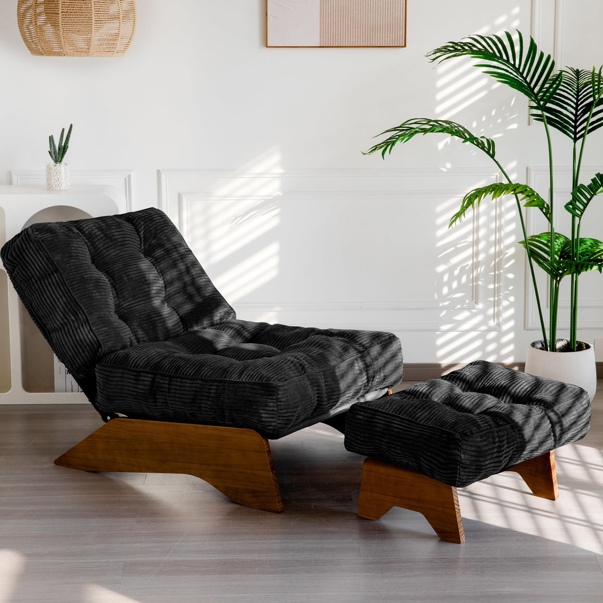 MAXYOYO Accent Chair with Ottoman Adjustable Backrest, Tufted Living Room Chair Upholstered Lounge Chair with Footrest Set, Modern Chair Cozy Reclining for Reading Room, Black MAXYOYO