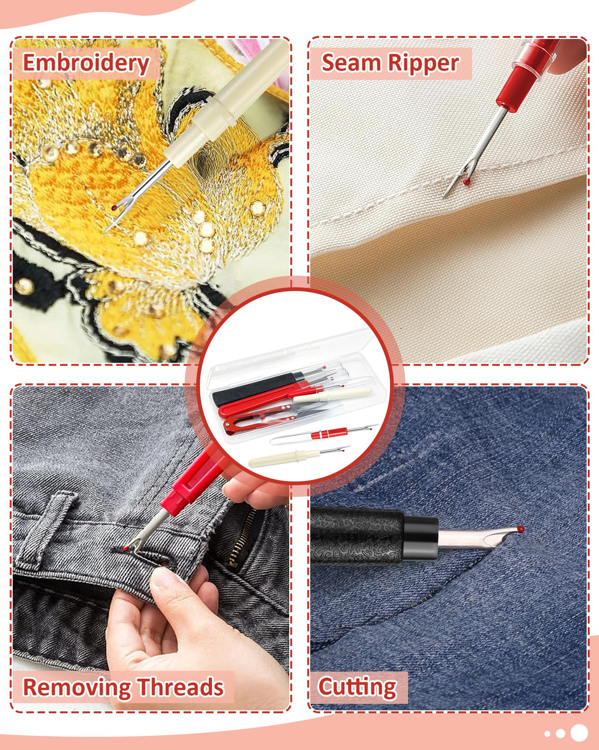 FIVEIZERO Seam Rippers for Sewing – 2 Big and 2 Small Stitch Remover Tools, Thread Ripper, Embroidery Removal Tool with Thread Snips FIVEIZERO