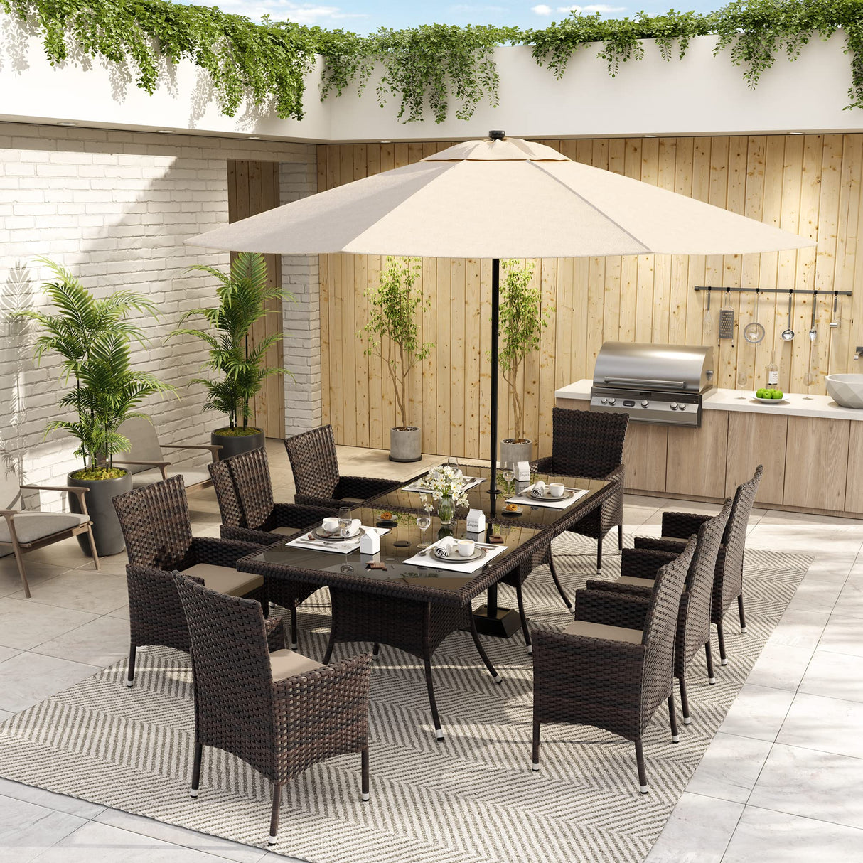 ALAULM 10 Piece Patio Dining Set All-Weather Wicker Outdoor Patio Furniture Set w/Tempered Glass Tabletop, Removable Cushions and Umbrella Hole for Patio, Backyard, Garden, Poolside (Brown) ALAULM