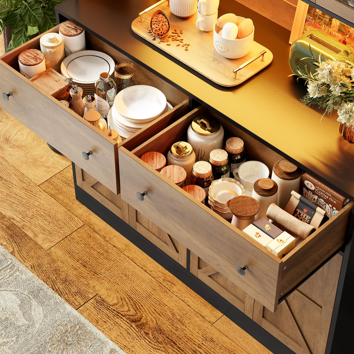 FINETONES 71" Pantry Cabinet with LED Light and Charging Station, Farmhouse Kitchen Pantry Cabinet with Microwave Stand, 47.2" Wide Kitchen Hutch Food Pantry with Open Countertop, Black/Brown FINETONES