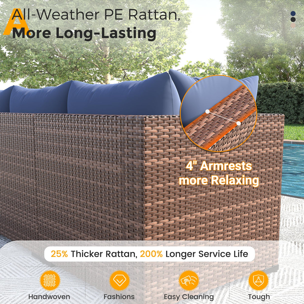 UDPATIO Outdoor Patio Furniture Set with Fire Pit Table, 8 Piece Outdoor Sectional Sofas, All-Weather Wicker Patio Conversation Set for Garden, Backyard Navy Blue UDPATIO