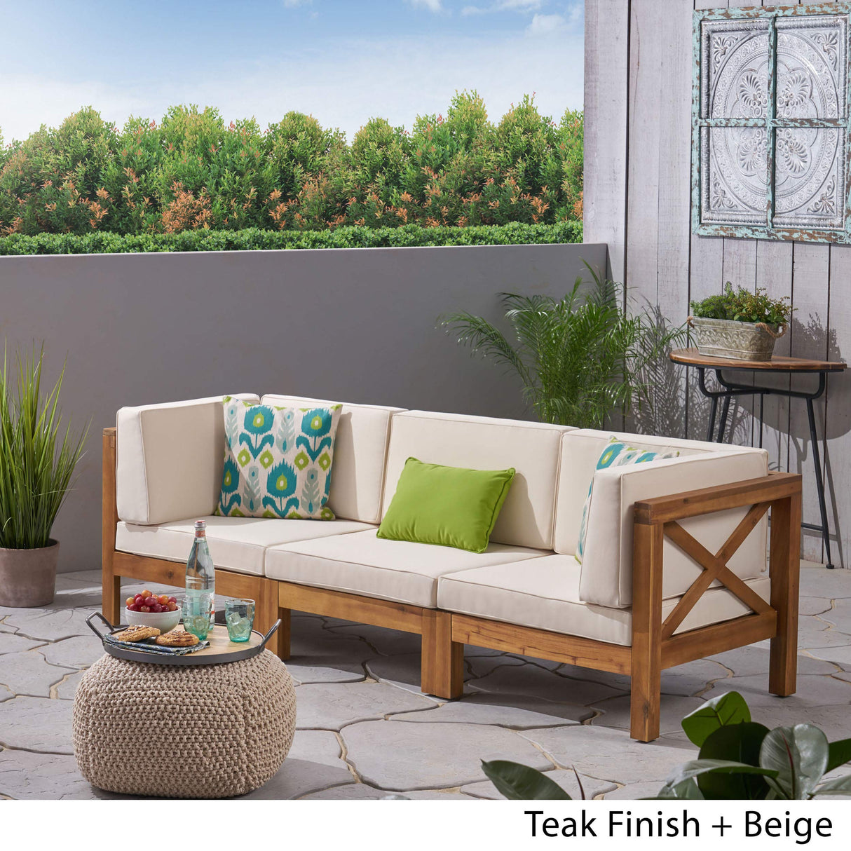 GDFStudio Outdoor Sectional Sofa Set | 3-Seater | Acacia Wood | Water-Resistant Cushions | Teak and Beige GDFStudio