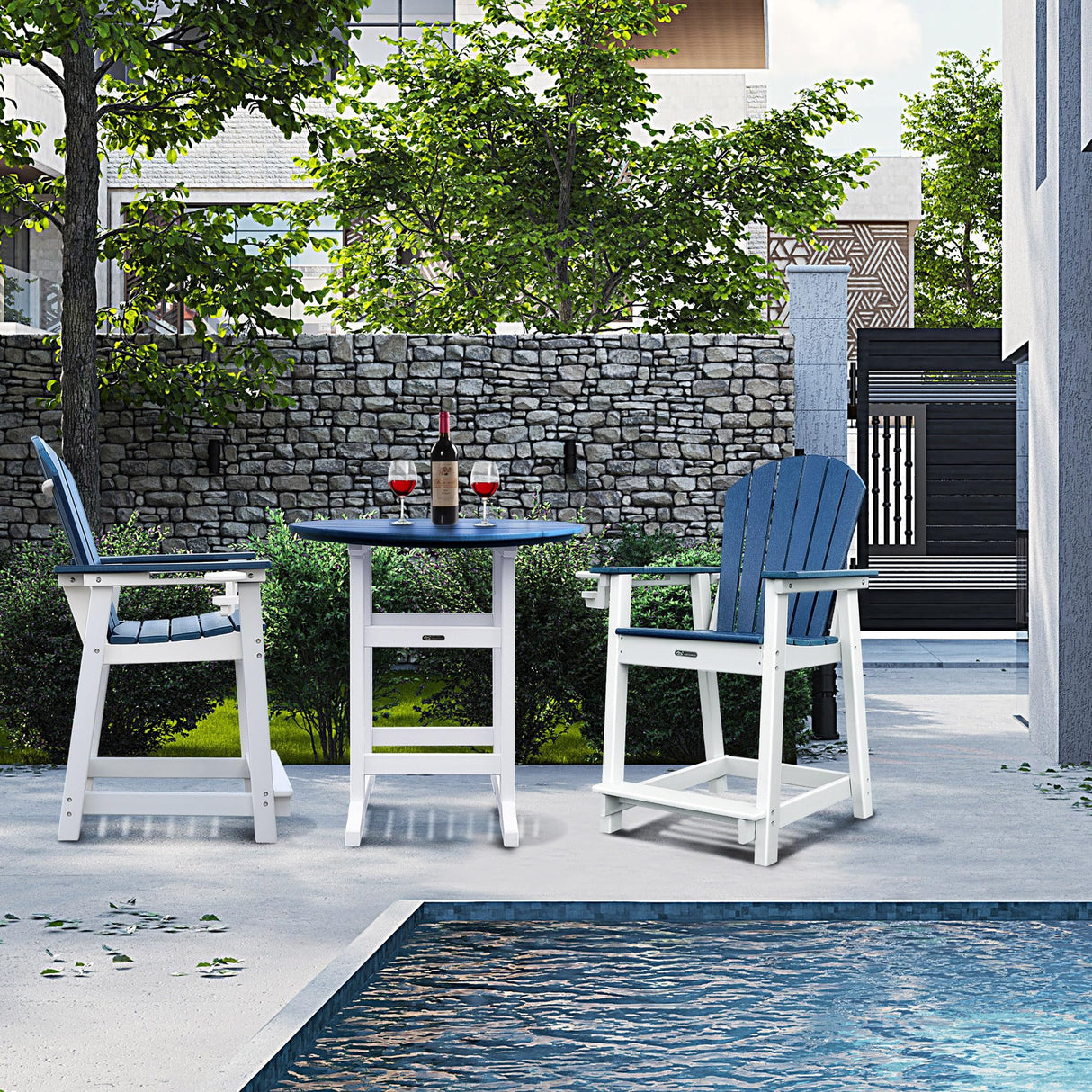 YUSSJI Tall Adirondack Chairs Patio Bar Tables Set of 5 Weather Resistant HDPE 35" Round Outdoor Bar Adirondack Barstools Plastic Height Table Pub, for Garden, Backyard, Yard, Pool, Fire, Pit (Blue) YUSSJI